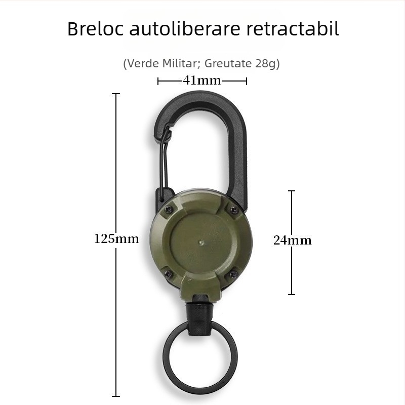 Carabinieră pentru chei cu cablu metalic retractabil, material nichel, design rotund, încărcare 5 kg, personalizare disponibilă