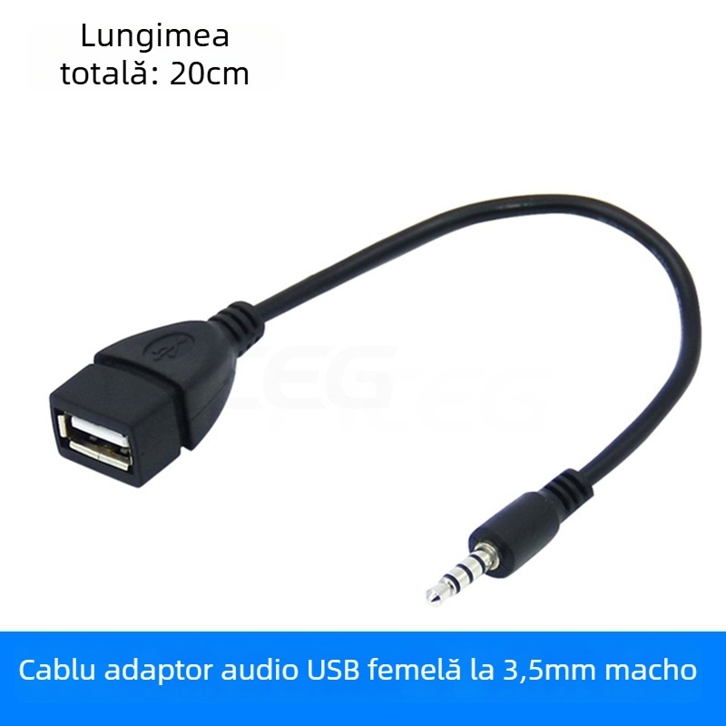Adaptor USB către 3,5 mm AUX pentru mașină și date iPod; cablu de conversie audio, nucleu din cupru, placare nichel.