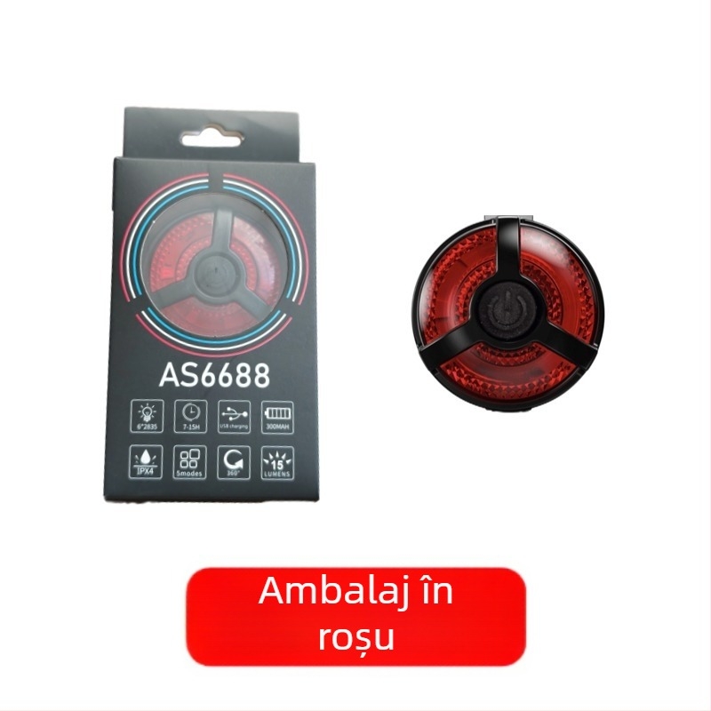 Lumină spate pentru bicicletă, încărcare USB, luminozitate mare, pentru biciclete de munte – lumină de avertizare/frână, montaj cu curea, baterie 300mAh