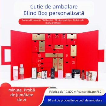 Cutie cadou pentru cosmetice – cutie cu două uși în stil carte și sertar, cutie din carton personalizată, ștanțare cu folie, imprimare UV și embosare