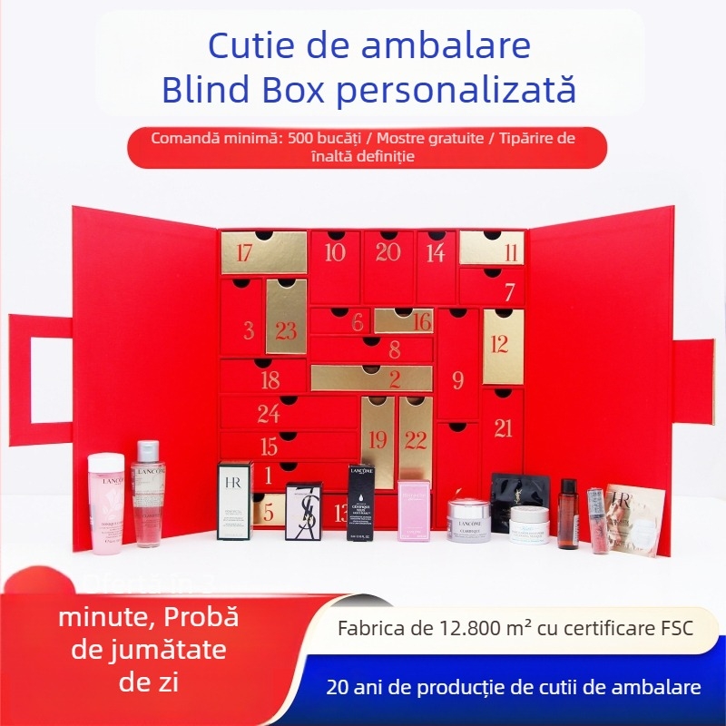 Cutie cadou pentru cosmetice – cutie cu două uși în stil carte și sertar, cutie din carton personalizată, ștanțare cu folie, imprimare UV și embosare