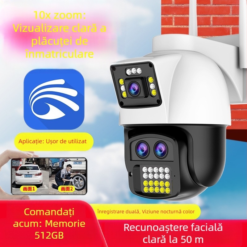 Cameră de supraveghere pentru casă, 360° vedere nocturnă, exterior 4G HD, dual‑canal, cameră de rețea inteligentă