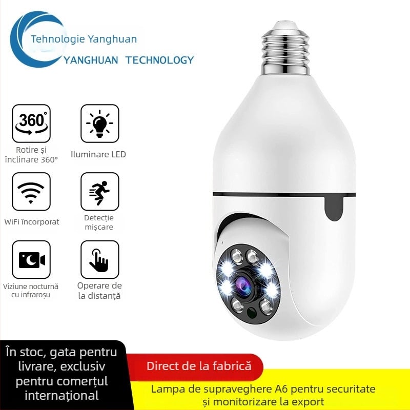 A6 Cameră bulb cu WiFi, Viziune de noapte, Înregistrare HD, Stocare TF Card, Bază E27
