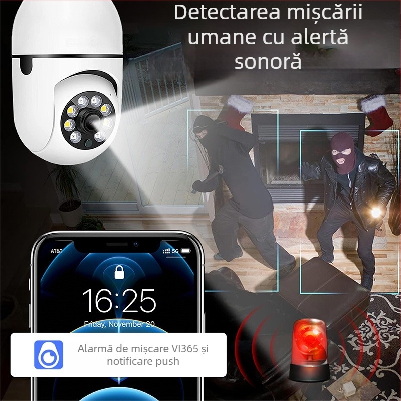 A6 Cameră bulb cu WiFi, Viziune de noapte, Înregistrare HD, Stocare TF Card, Bază E27