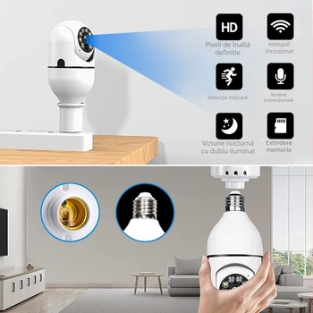 A6 Cameră-bulb cu iluminare duală și vedere pe timp de noapte, WiFi 360°, E27 Smart pentru supraveghere interioară/exterioară