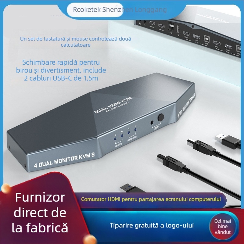 Comutator KVM — HDMI dual-switch, afișare multi-monitor 4K 60Hz, ieșire audio, control pentru tastatură și mouse (HDMI, 4K60Hz, multi-monitor, audio)