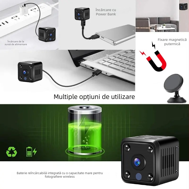 X6 Cameră de supraveghere casnică, wireless, cu viziune nocturnă (WiFi; stocare pe card TF; ABS corp; baterie 1–3 ore)