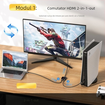 Comutator HDMI AB-HD08, 2 intrări/1 ieșire, HDMI 2.1, 48 Gbps, 4K, Garanție 1 an