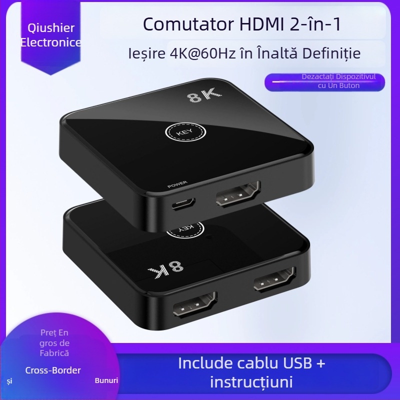Comutator HDMI AB-HD08, 2 intrări/1 ieșire, HDMI 2.1, 48 Gbps, 4K, Garanție 1 an