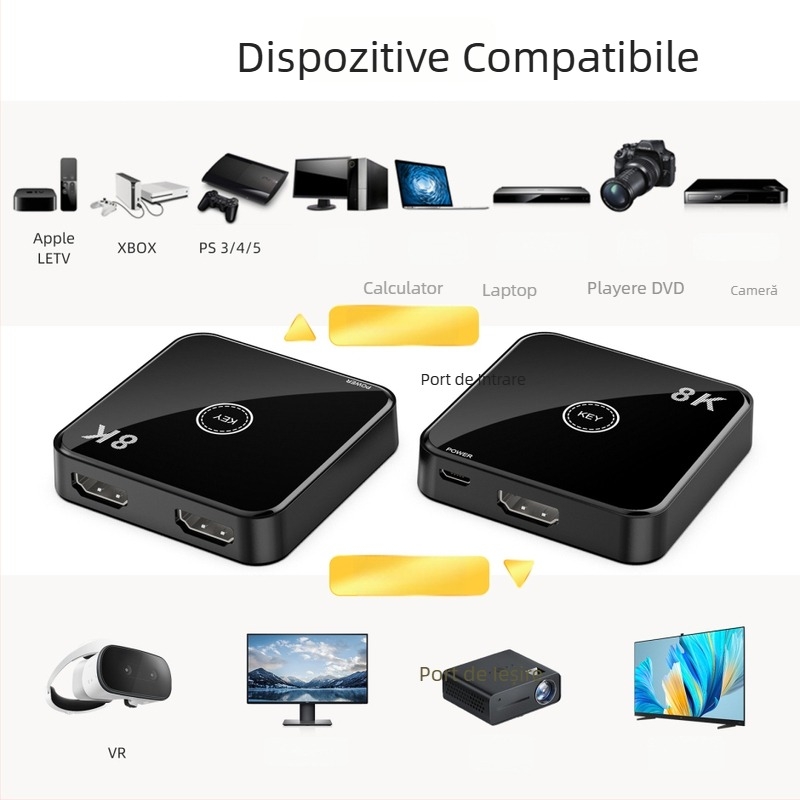 Comutator HDMI AB-HD08, 2 intrări/1 ieșire, HDMI 2.1, 48 Gbps, 4K, Garanție 1 an