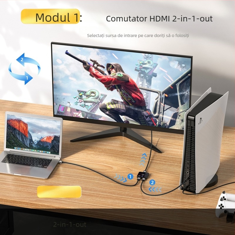 Comutator HDMI AB-HD08, 2 intrări/1 ieșire, HDMI 2.1, 48 Gbps, 4K, Garanție 1 an