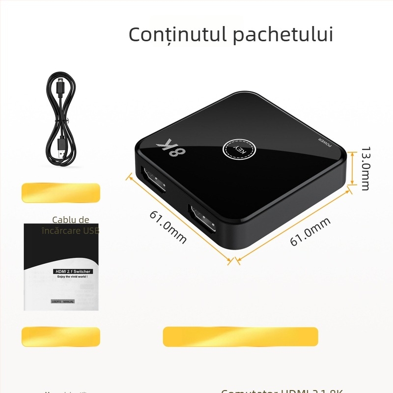 Comutator HDMI AB-HD08, 2 intrări/1 ieșire, HDMI 2.1, 48 Gbps, 4K, Garanție 1 an