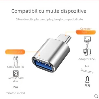 Adaptor OTG Type-C la USB 3.0, cititor de carduri, LED și încărcător auto