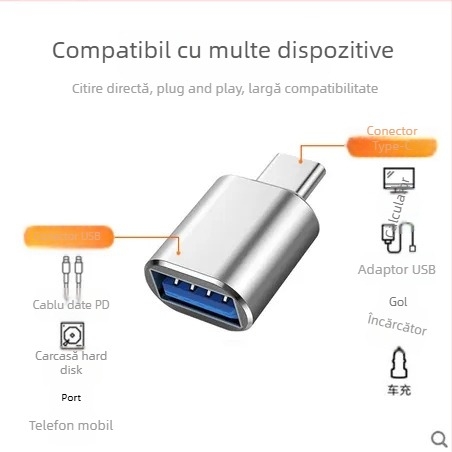 Adaptor OTG Type-C la USB 3.0, cititor de carduri, LED și încărcător auto