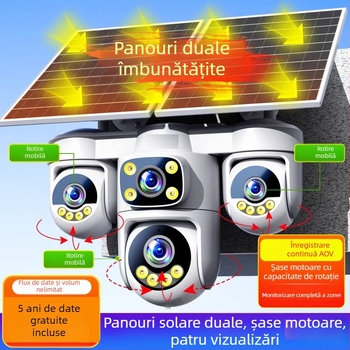 Cameră de supraveghere solară 4G pentru uz casnic, exterior, wireless, vedere pe timp de noapte la 360°, cameră HD, baterie 12000mAh, panouri solare duale de 7W, alimentare 5V