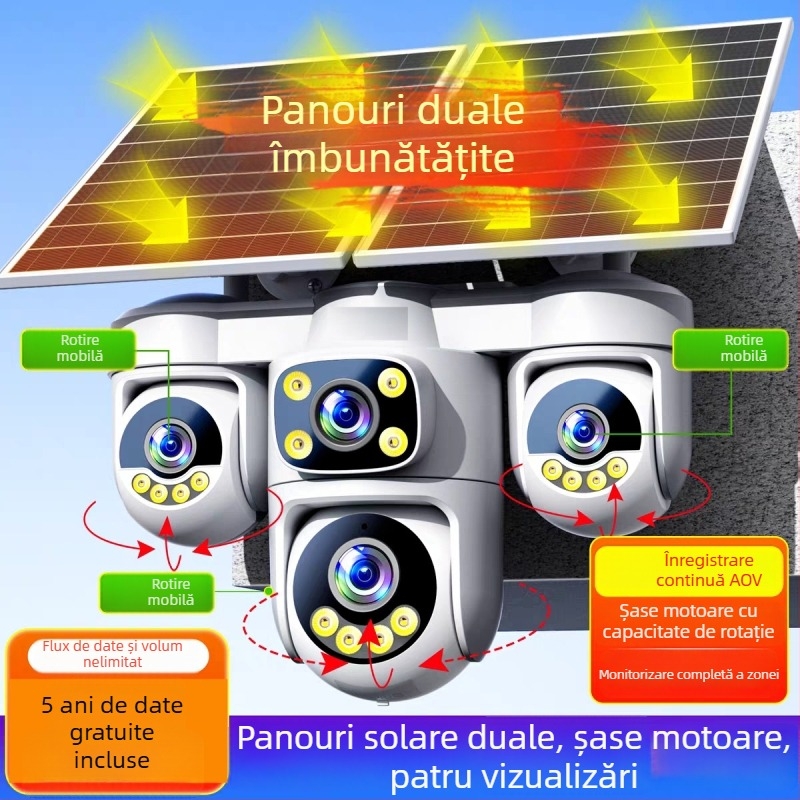 Cameră de supraveghere solară 4G pentru uz casnic, exterior, wireless, vedere pe timp de noapte la 360°, cameră HD, baterie 12000mAh, panouri solare duale de 7W, alimentare 5V