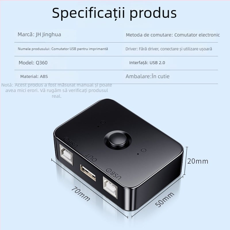 Jinghua USB comutator imprimantă Q360 — partajare imprimantă pe 2 porturi pentru două calculatoare