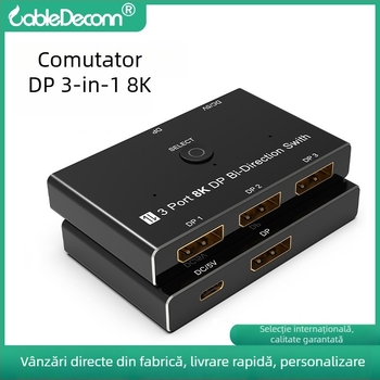 DP1.4 8K30Hz switch cu alimentare USB-C, splitter DP 1 la 3, convertor DP bidirecțional