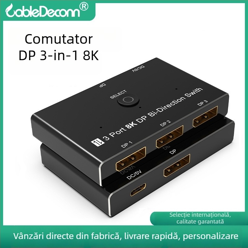 DP1.4 8K30Hz switch cu alimentare USB-C, splitter DP 1 la 3, convertor DP bidirecțional