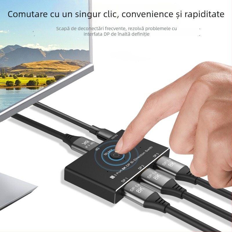 DP1.4 8K30Hz switch cu alimentare USB-C, splitter DP 1 la 3, convertor DP bidirecțional