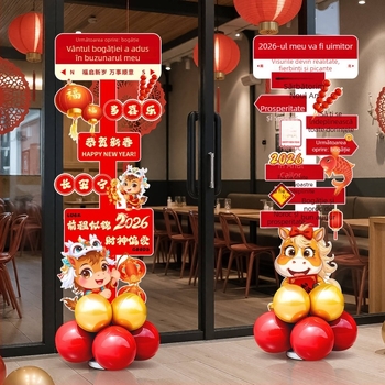 Manqisi Anul Cailor 2026 – Coloană cu baloane pe panou KT, decor de scenă în stil festival/anime pentru mall de primăvară