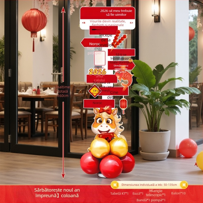 Manqisi Anul Cailor 2026 – Coloană cu baloane pe panou KT, decor de scenă în stil festival/anime pentru mall de primăvară