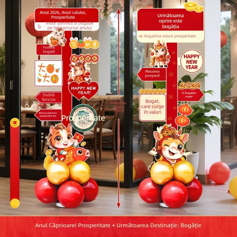 Manqisi Anul Cailor 2026 – Coloană cu baloane pe panou KT, decor de scenă în stil festival/anime pentru mall de primăvară