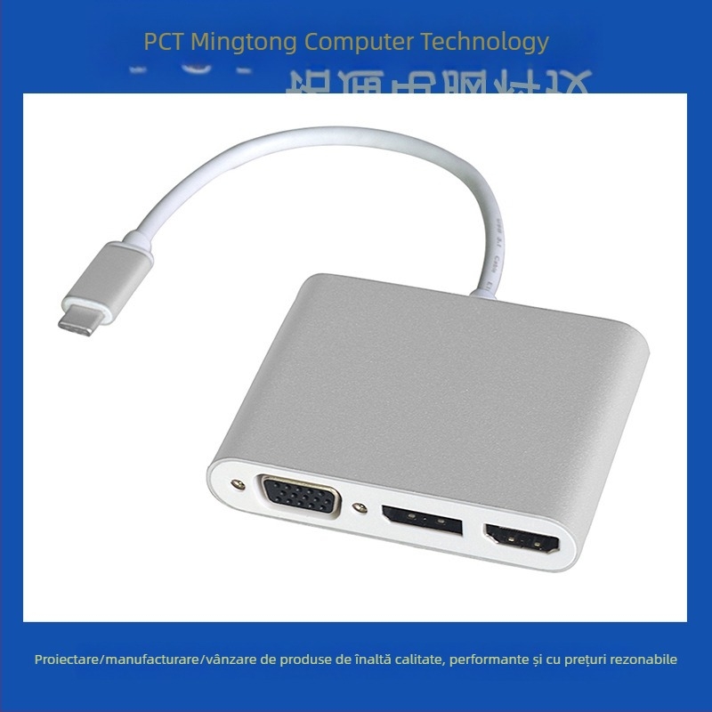 Adaptor USB-C 3 în 1 HDMI DP VGA, 1080p, cablu 15 cm