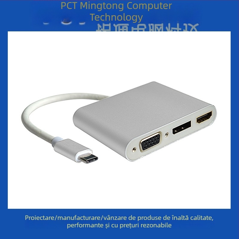 Adaptor USB-C 3 în 1 HDMI DP VGA, 1080p, cablu 15 cm