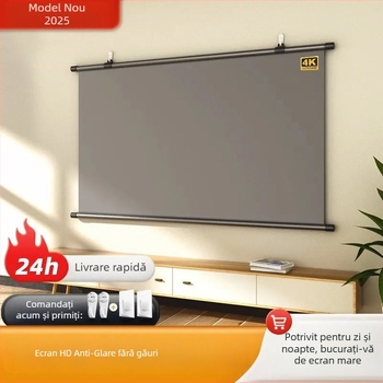 Ecran de proiecție pentru casă 4K UHD anti-reflexie, montaj fără găuri, pentru sufragerie și dormitor