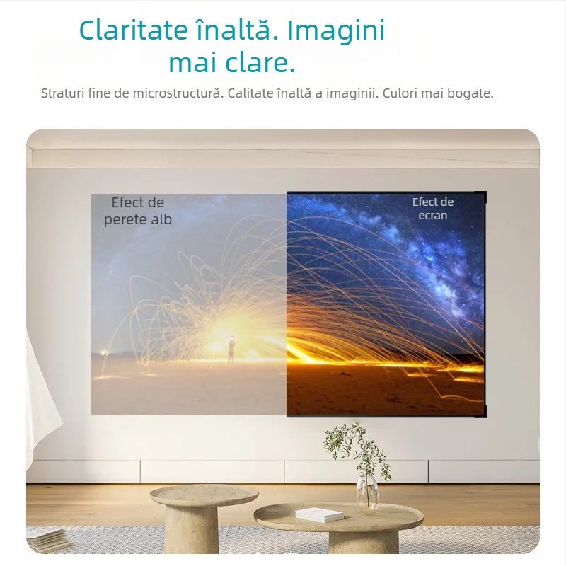 Ecran de proiecție pentru casă 4K UHD anti-reflexie, montaj fără găuri, pentru sufragerie și dormitor