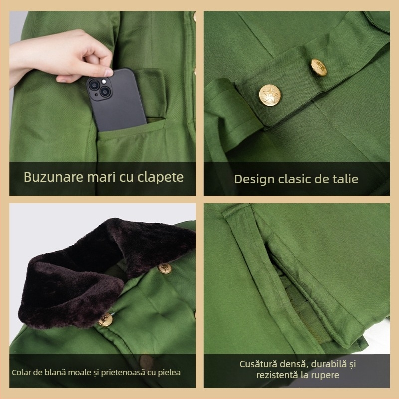 Jachetă din bumbac pentru copii în stil militar, căptușită cu fleece, termică, culoare solidă, iarnă, unisex