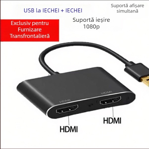 Convertor USB către HDMI dual și adaptor VGA, model Fd-h03, rezoluție 2K, compatibil Windows 7, cablu de 0,12 m