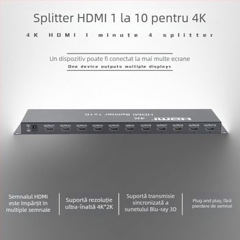 Distribuitor HDMI 1x10, Rezoluție 4K, Activare de la distanță, Gestionare a alimentării, Compatibil OEM