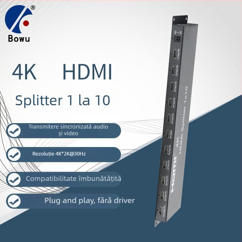 Distribuitor HDMI 1x10, Rezoluție 4K, Activare de la distanță, Gestionare a alimentării, Compatibil OEM