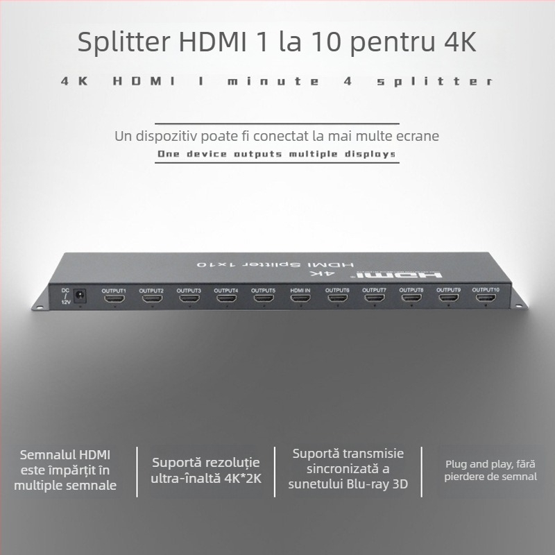 Distribuitor HDMI 1x10, Rezoluție 4K, Activare de la distanță, Gestionare a alimentării, Compatibil OEM