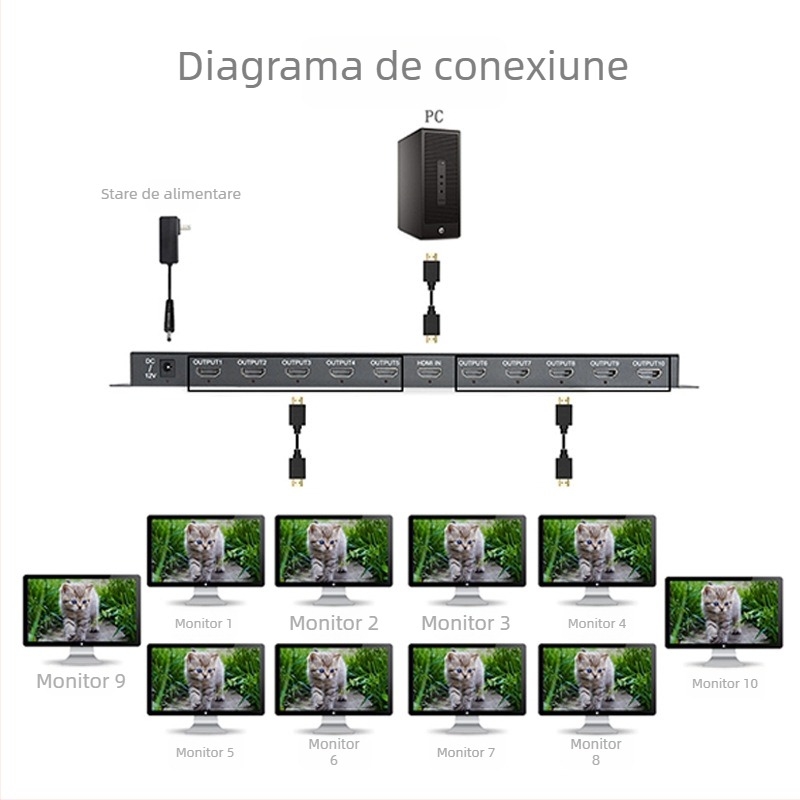 Distribuitor HDMI 1x10, Rezoluție 4K, Activare de la distanță, Gestionare a alimentării, Compatibil OEM