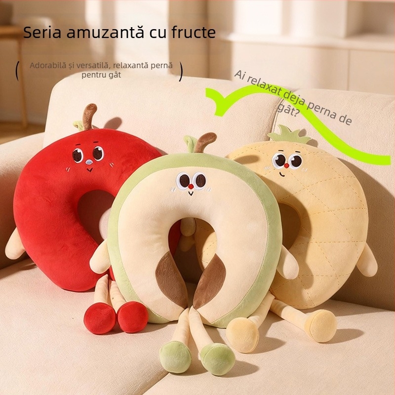 Pernă U în seria Fruit, stil desen animat — umplutură din fibră de poliester, material Crystal Fleece, potrivită pentru adulți