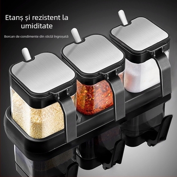 Set de sticle de condimente din sticlă cu raft de depozitare și mâner, include lingură din oțel inoxidabil 304 pentru condimente solide