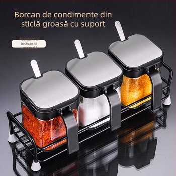 Set de sticle de condimente din sticlă cu raft de depozitare și mâner, include lingură din oțel inoxidabil 304 pentru condimente solide