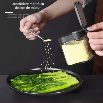 Set de sticle de condimente din sticlă cu raft de depozitare și mâner, include lingură din oțel inoxidabil 304 pentru condimente solide