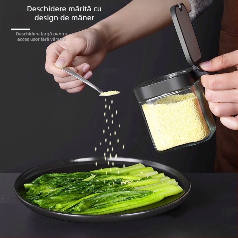 Set de sticle de condimente din sticlă cu raft de depozitare și mâner, include lingură din oțel inoxidabil 304 pentru condimente solide