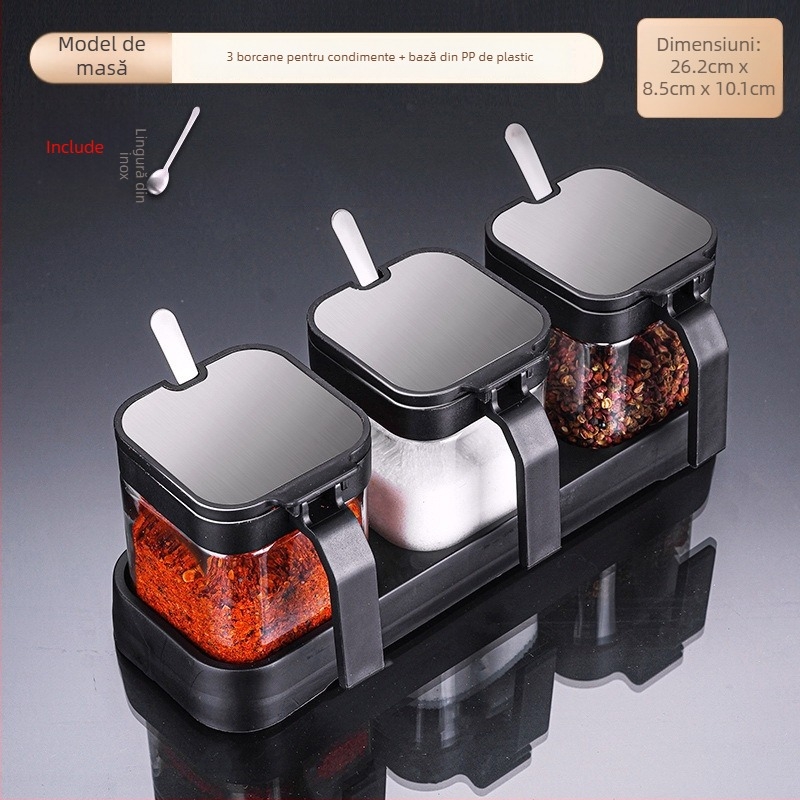 Set de sticle de condimente din sticlă cu raft de depozitare și mâner, include lingură din oțel inoxidabil 304 pentru condimente solide