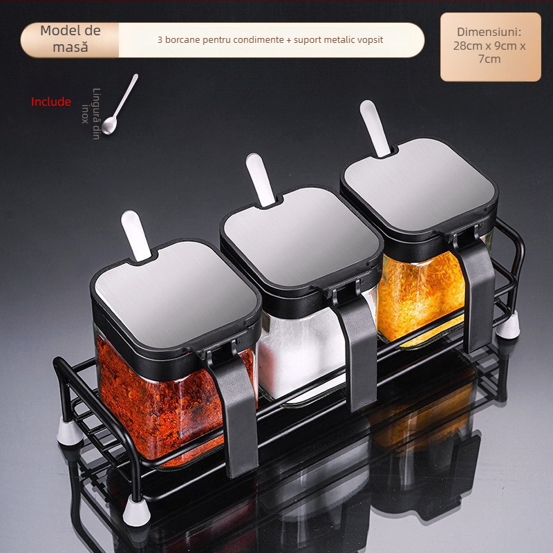 Set de sticle de condimente din sticlă cu raft de depozitare și mâner, include lingură din oțel inoxidabil 304 pentru condimente solide