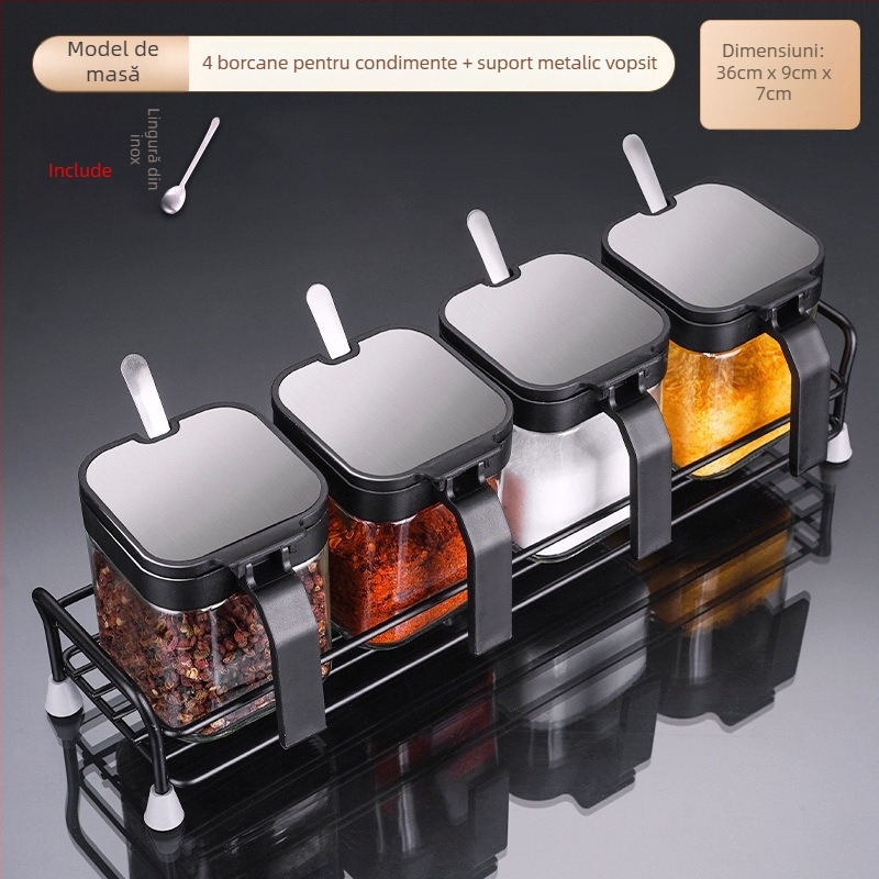 Set de sticle de condimente din sticlă cu raft de depozitare și mâner, include lingură din oțel inoxidabil 304 pentru condimente solide