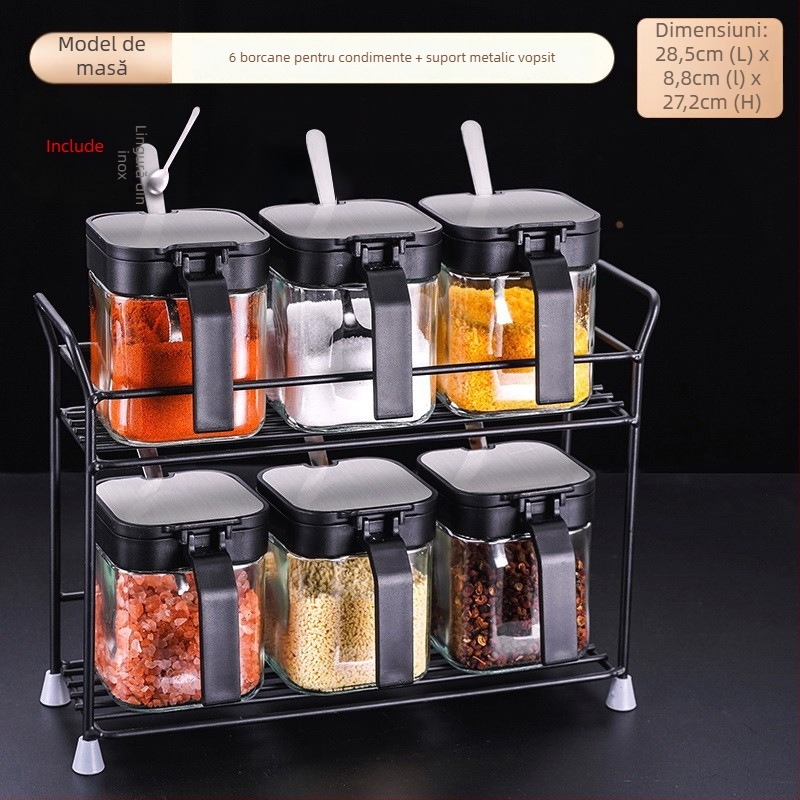 Set de sticle de condimente din sticlă cu raft de depozitare și mâner, include lingură din oțel inoxidabil 304 pentru condimente solide