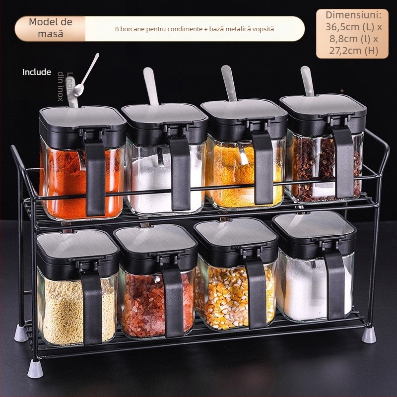 Set de sticle de condimente din sticlă cu raft de depozitare și mâner, include lingură din oțel inoxidabil 304 pentru condimente solide