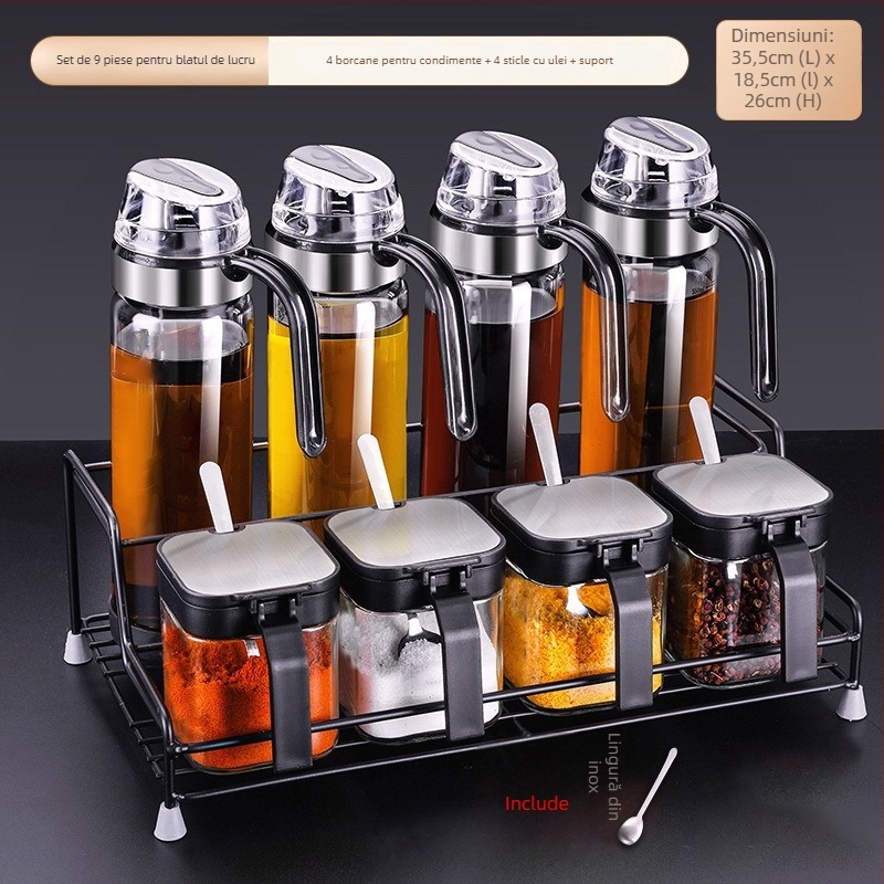 Set de sticle de condimente din sticlă cu raft de depozitare și mâner, include lingură din oțel inoxidabil 304 pentru condimente solide