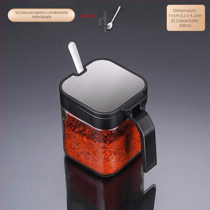 Set de sticle de condimente din sticlă cu raft de depozitare și mâner, include lingură din oțel inoxidabil 304 pentru condimente solide