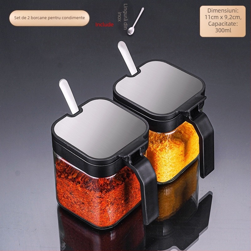 Set de sticle de condimente din sticlă cu raft de depozitare și mâner, include lingură din oțel inoxidabil 304 pentru condimente solide